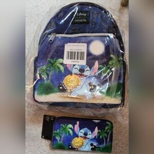 LOUNGEFLY DISNEY STITCH HALLOWEEN PUMPKIN JACK O'LANTERN BACKPACK & WALLET NWT